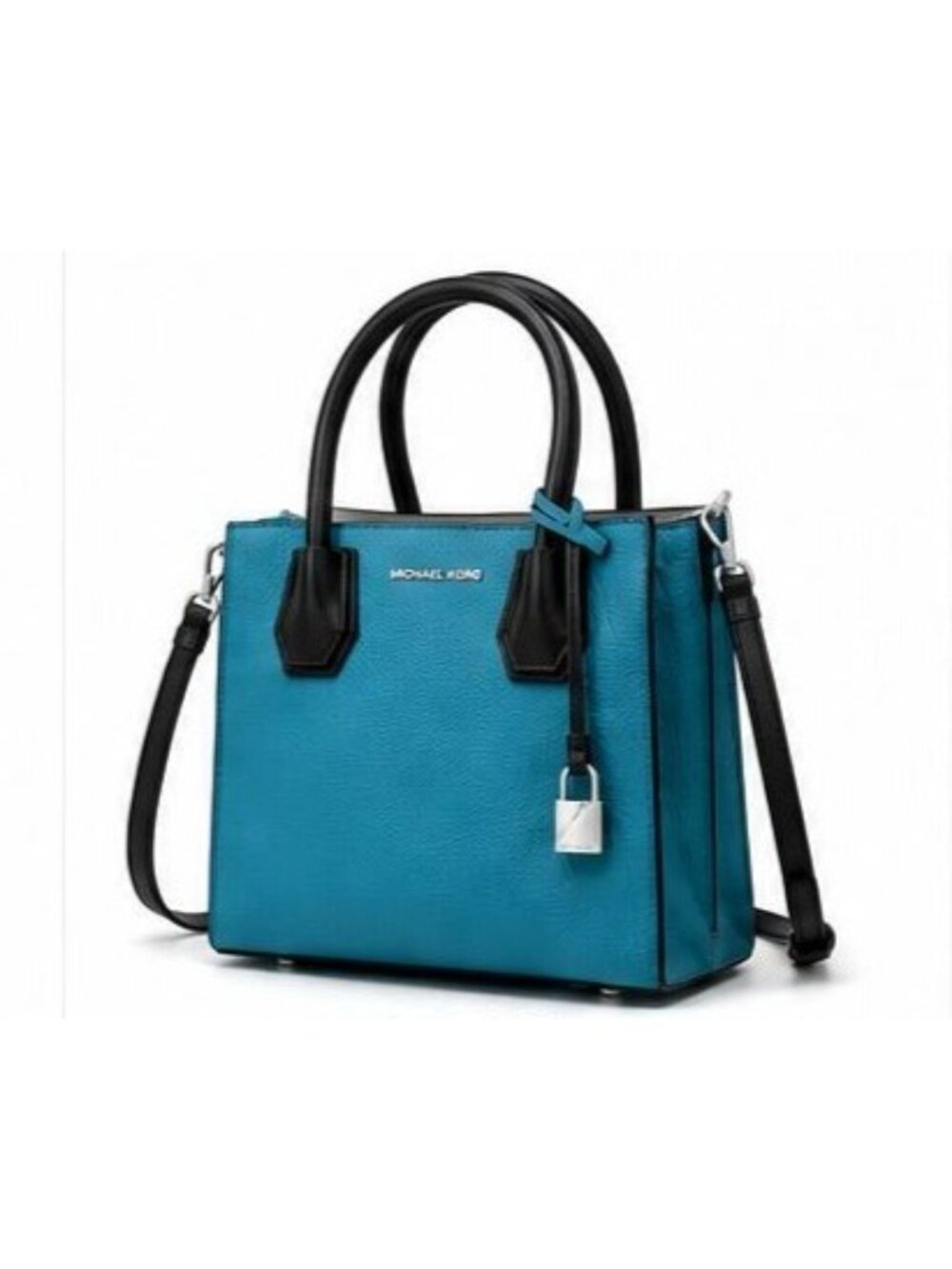 Michael Kors Mercer Small Pebbled Leather Satchel Crossbody Bag Teal White NWT - Picture 2 of 6